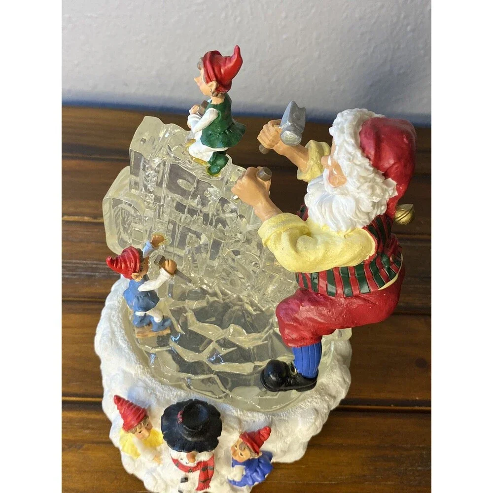 Vintage Santa Claus Elves Musical Lighted MERRY CHRISTMAS Ice Carving 7.5” Gift